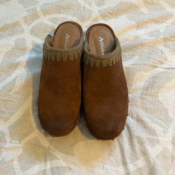 Antelope hedy clog brown suede crochet whipstitch detail women’s 38/7-7.5 - Picture 1 of 9